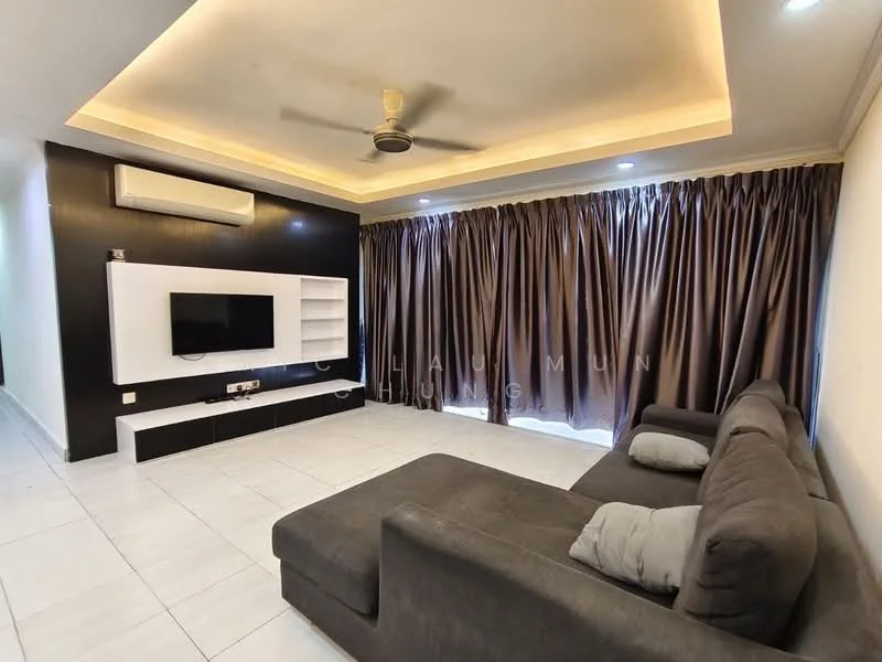 Living features: grey fabric L-shape sectional sofa, white wall-mounted TV console, wall-mounted flat-screen TV, recessed downlights, ceiling fan, floor-to-ceiling curtains in dark grey, white tiled flooring, accent wall in dark colour; style: modern.