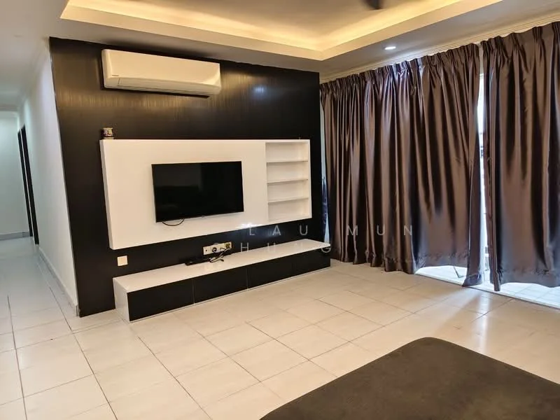 Living features: white tiled flooring, black accent wall, wall-mounted TV, floating TV console, built-in shelves, air conditioning unit, floor-to-ceiling curtains, sliding glass door; style: modern.