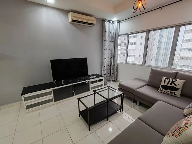 Living features: grey painted walls, white tiled flooring, sofa in light grey fabric, coffee table with glass top, TV console in white with storage, wall-mounted flat-screen TV, floor-to-ceiling windows, curtains in light grey, ceiling-mounted air conditioning unit, pendant light fixture; style: modern; view: city.