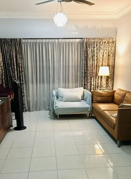 Living features: white painted walls, glossy tile flooring, 5-blade ceiling fan with light, chandelier, floor-to-ceiling windows, sheer curtains, patterned curtains, 2-seater fabric sofa in light blue, 3-seater leather sofa in brown, lamp with shade, TV console, decorative wall art; style: modern.