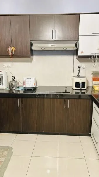 Kitchen features: dark wood cabinetry, black granite countertop, built-in range hood, stainless-steel kettle, white microwave, toaster, electric rice cooker, ceramic tile flooring, white backsplash, under-cabinet lighting, wall-mounted storage, recessed lighting; style: modern.
