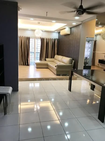 Living features: 3-seater leather sofa in beige, coffee table, TV console, wall-mounted TV, area rug, floor-to-ceiling windows, curtains, recessed downlights, ceiling fan, wooden flooring, accent wall with dark finish, open layout to dining area; style: modern. Dining features: dining table, chairs, open layout to living area, tile flooring; style: modern.