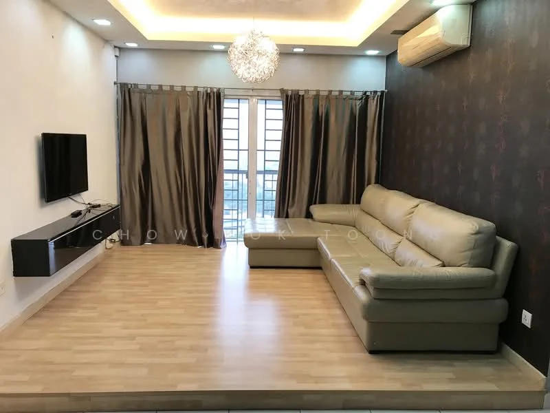 Living features: light-colored laminate flooring, grey leather sectional sofa, wall-mounted flat-screen TV, black TV console, recessed ceiling lights, chandelier, floor-to-ceiling windows, curtains in grey, accent wall with dark pattern, wall-mounted air conditioning unit; style: modern; view: city.