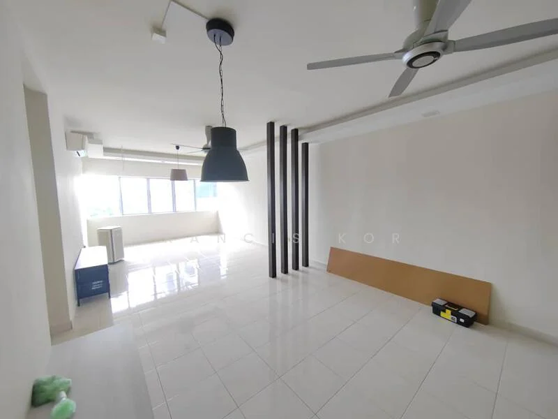 Living features: white painted walls, glossy white tile flooring, 5-blade ceiling fan, hanging pendant light, large windows with natural light, exposed black columns, open layout, minimalist decor; style: modern; view: city.