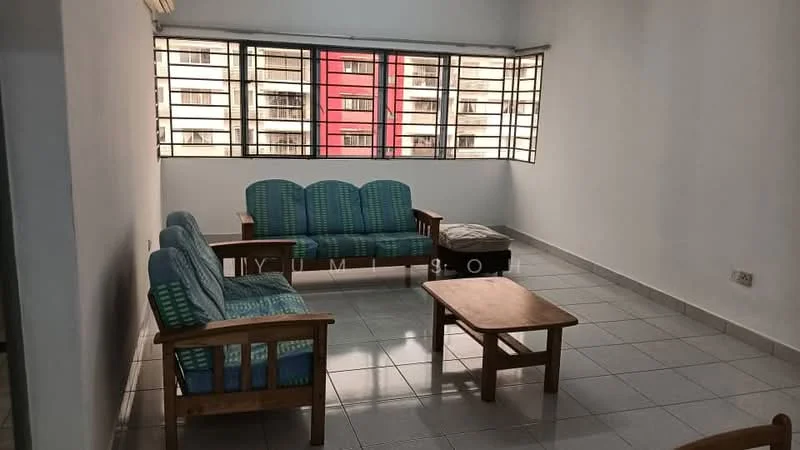 Living features: 3-seater wooden sofa with blue cushions, 2-seater wooden sofa with blue cushions, wooden coffee table, white painted walls, tiled flooring, large windows with metal grilles, natural light from windows, neutral decor; style: minimalist.