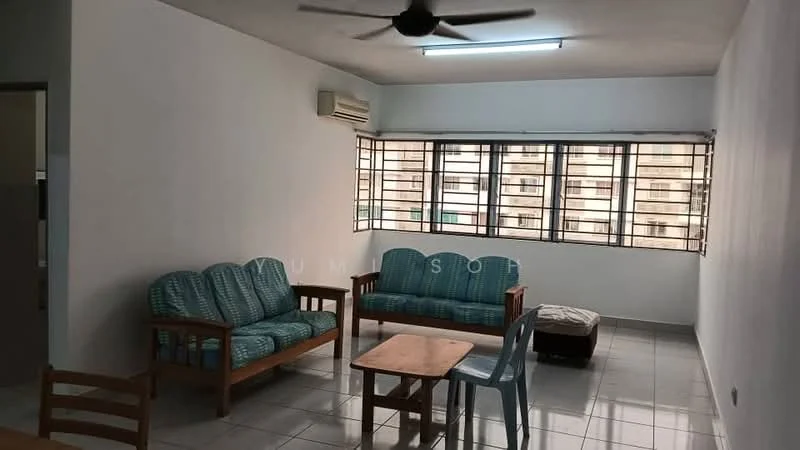 Living features: 3-seater fabric sofa in teal, 2-seater fabric sofa in teal, wooden coffee table, plastic dining chair, ceiling fan, wall-mounted air conditioning unit, floor-to-ceiling windows, white painted walls, glossy tile flooring, natural light from windows; style: modern.