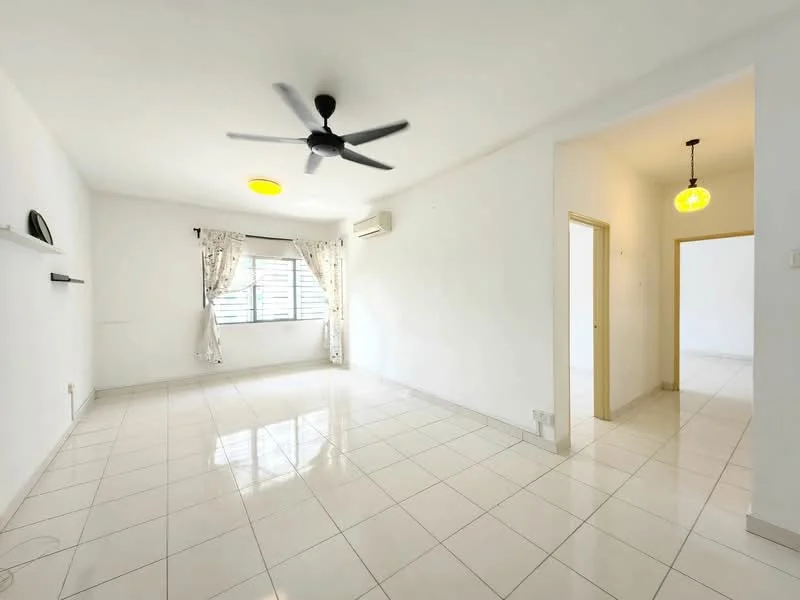 Living features: white painted walls, glossy ceramic tile flooring, 5-blade ceiling fan with light, recessed ceiling light, floor-to-ceiling windows, sheer curtains, wall-mounted air conditioning unit, open layout, decorative wall shelf; style: modern. Hallway features: white painted walls, glossy ceramic tile flooring, doorway leading to other rooms, hanging pendant light; style: modern.