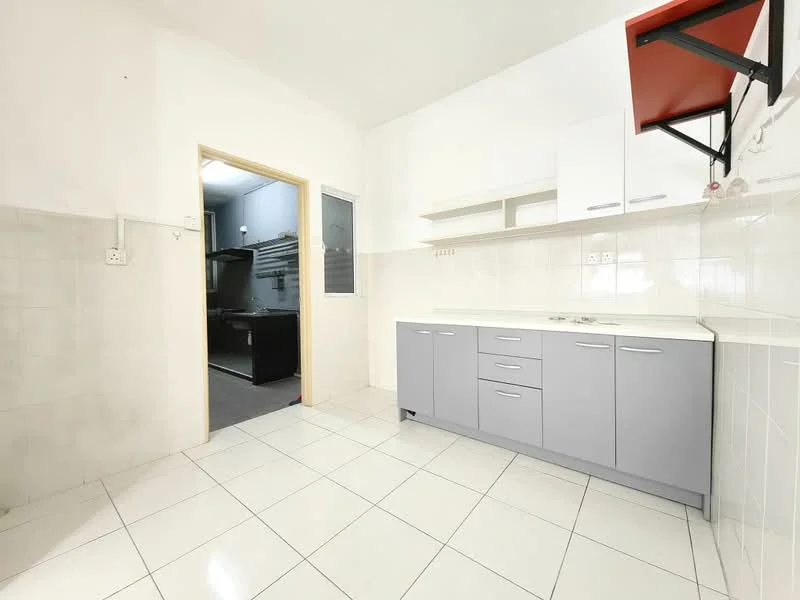 Kitchen features: white tiled walls, grey cabinetry, white countertop, stainless-steel sink, single-bowl sink, chrome faucet, built-in stove, wall-mounted shelf, ceramic tile flooring, recessed lighting, open layout, doorway to adjacent room; style: modern. Room features: grey walls, doorway leading to another room.