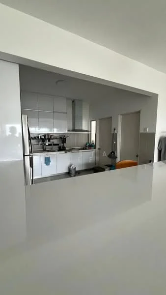 Kitchen features: white cabinetry, stainless-steel fridge, built-in oven, freestanding range oven, white quartz countertop, single-bowl stainless-steel sink, chrome pull-down faucet, tile backsplash, recessed downlights, open shelving, grey wall, floor-to-ceiling cabinets; style: modern. Room features: doorway leading to another room, neutral wall color, light-colored flooring.
