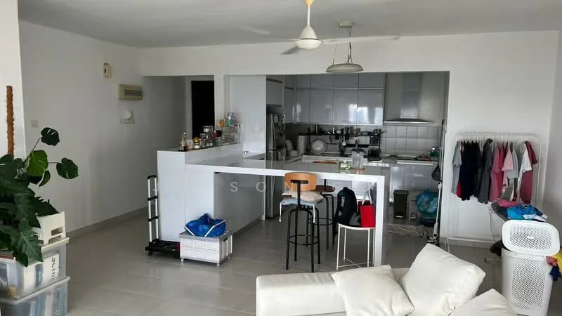 Living features: white painted walls, ceramic tile flooring, 5-blade ceiling fan with light, sofa, bar stools, kitchen island, open shelving, houseplants in ceramic pots, refrigerator, laundry basket, clothes rack, dining table, kitchen cabinetry; style: modern.