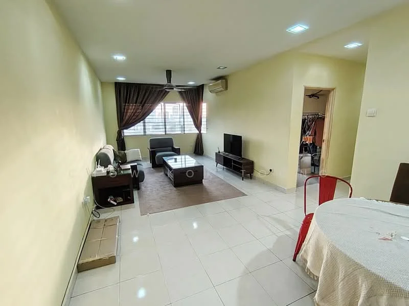 Living features: cream painted walls, white tiled flooring, 5-blade ceiling fan with light, sofa in grey, coffee table, TV console, wall-mounted TV, curtains, area rug, air conditioning unit, decorative wall art; style: modern. Dining features: round dining table, upholstered dining chairs; style: modern.