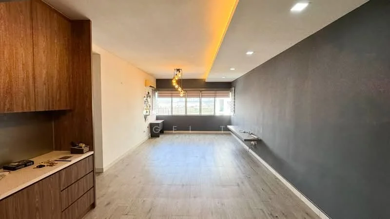 Living features: grey accent wall, light wood laminate flooring, recessed LED downlights, pendant lighting fixture, large windows with blinds, built-in shelving, open layout, neutral color palette; style: modern; view: city. Kitchen features: wood cabinetry, countertop with integrated sink, kitchen island, appliances visible; style: modern.