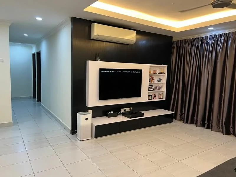 Living features: white wall with black accent wall, recessed ceiling with warm lighting, ceramic tile flooring, wall-mounted TV, white TV console with storage, black speaker, floor-to-ceiling curtains, air conditioning unit, decorative shelving with photos; style: modern. Room features: hallway leading to other rooms, white painted walls, ceramic tile flooring.