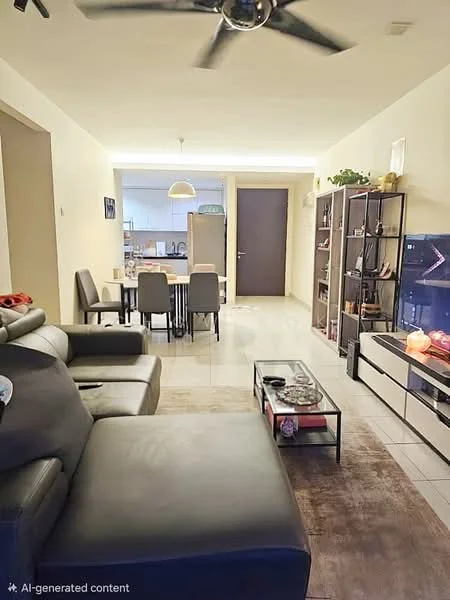 Living features: 3-seater leather sofa in black, coffee table, TV console, wall-mounted TV, area rug with geometric pattern, 5-blade ceiling fan with light, recessed LED downlights, decorative shelving unit, decorative plants, open-plan layout to dining area; style: modern. Dining features: 6-seater dining table, upholstered dining chairs, pendant lamp above dining table; style: modern.