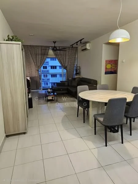 Living features: grey leather sectional sofa, round dining table, 4 dining chairs, white walls, tile flooring, 5-blade ceiling fan, recessed downlights, floor-to-ceiling windows with sheer curtains, decorative wall art, air conditioning unit; style: modern; view: city.