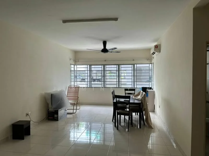 Living features: white painted walls, glossy white tile flooring, 5-blade ceiling fan with light, floor-to-ceiling windows, black side table, wooden dining table with four chairs, reclining chair, air conditioning unit; style: modern.