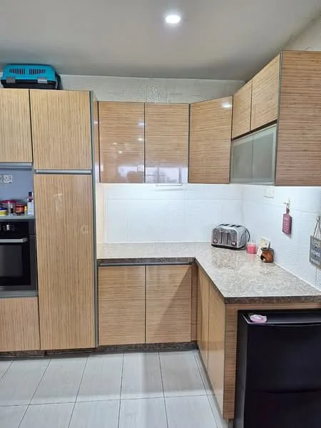Kitchen features: laminate cabinetry with wood finish, granite countertop, built-in oven, stainless-steel fridge, toaster, ceramic tile flooring, white tiled backsplash, under-cabinet lighting, single-bowl stainless-steel sink, chrome pull-down faucet; style: modern.