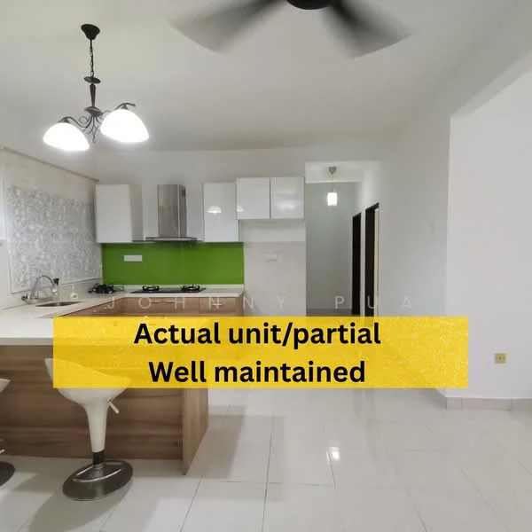 Kitchen features: white cabinets, green accent wall, marble countertop, stainless-steel sink, chrome pull-down faucet, built-in oven, freestanding range oven, refrigerator, pendant lighting, 5-blade ceiling fan, bar stools, tile flooring, backsplash with decorative pattern, open shelving; style: modern.