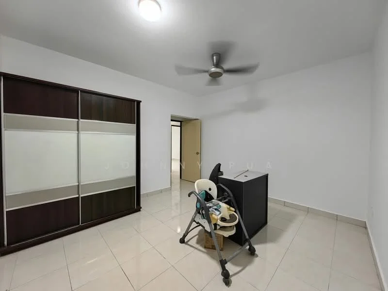 Room features: white painted walls, tile flooring, ceiling fan, built-in wardrobe with sliding doors, desk, stroller, neutral decor; style: modern.