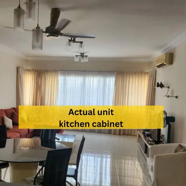 Living features: 3-seater fabric sofa in red, 2-seater fabric sofa in cream, glass coffee table, round dining table, 4 dining chairs, floor-to-ceiling windows, sheer curtains, wall-mounted TV, TV console, ceiling fan with light, air conditioning unit, white painted walls, glossy tile flooring; style: modern.