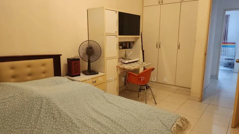 Bedroom features: queen-size bed with upholstered headboard, white bedding, wooden bedside table, table fan, study desk with chair, built-in wardrobe with sliding doors, cream painted walls, tile flooring; style: modern.