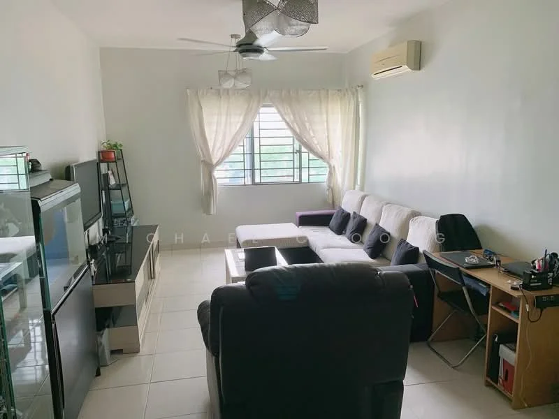 Living features: 3-seater fabric sofa in white, 2-seater fabric sofa in black, coffee table, TV console, wall-mounted TV, ceiling fan, window with sheer curtains, air conditioning unit, tile flooring, decorative plant on shelf, study desk with chair, wall-mounted shelving unit; style: modern.