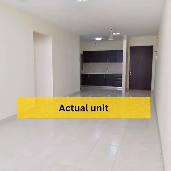 Living features: white painted walls, grey tiled flooring, ceiling fan, recessed downlights, open layout, kitchenette with dark wood cabinetry, stainless-steel sink, countertop with backsplash; style: modern.