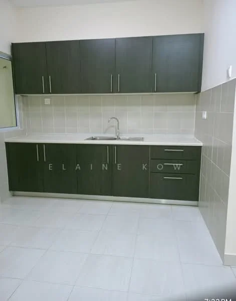 Kitchen features: dark wood cabinetry, white countertop, single-bowl stainless-steel sink, chrome pull-down faucet, ceramic tile backsplash, grey tiled walls, light grey floor tiles, window with glass pane; style: modern.