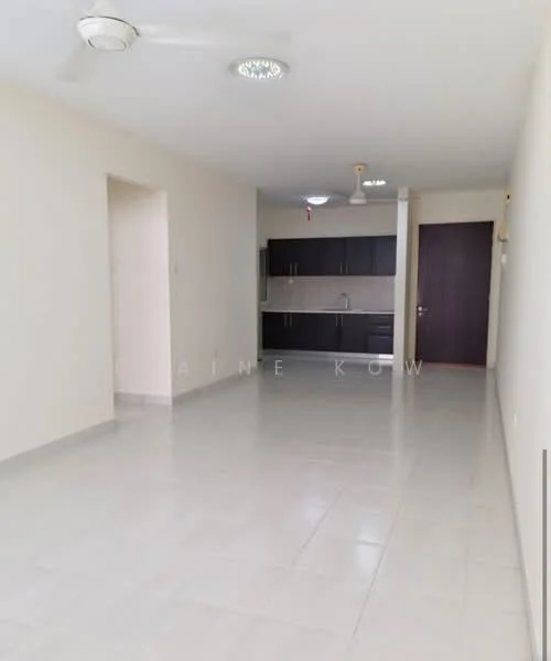 Living features: white painted walls, ceramic tile flooring, 5-blade ceiling fan with light, recessed downlights, open kitchen layout, kitchen cabinetry in dark wood, countertop in light color, single-bowl stainless-steel sink, built-in oven, stainless-steel range hood; style: modern.