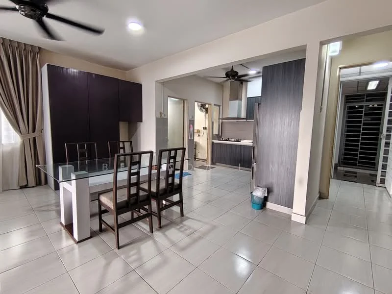 Dining features: glass dining table, 6 dining chairs, cream painted walls, tile flooring, ceiling fan, curtains, built-in cabinetry, open layout to kitchen, recessed lighting; style: modern. Kitchen features: stainless-steel sink, built-in kitchen cabinets, gas stove, exhaust hood, tile backsplash, countertop space, refrigerator, wall-mounted cabinets; style: modern. Hallway features: tile flooring, cream painted walls, doorway to kitchen, doorway to utility area.