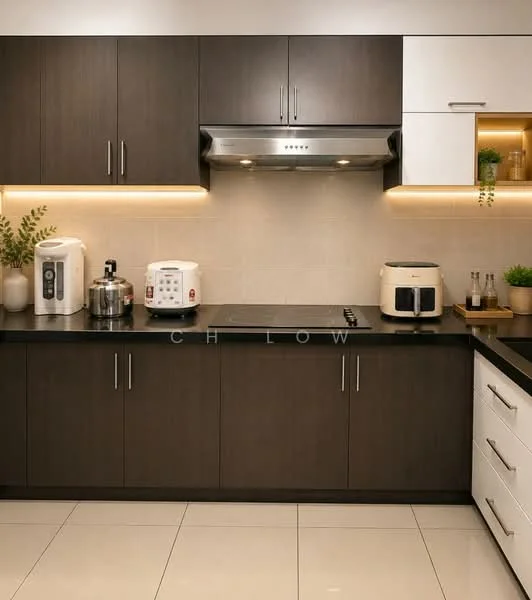 Kitchen features: dark wood cabinetry, white upper cabinets, black countertop, stainless-steel range hood, built-in cooktop, white rice cooker, white air fryer, decorative potted plants, LED strip lighting under cabinets, cream tiled backsplash, glossy floor tiles, recessed downlights; style: modern.