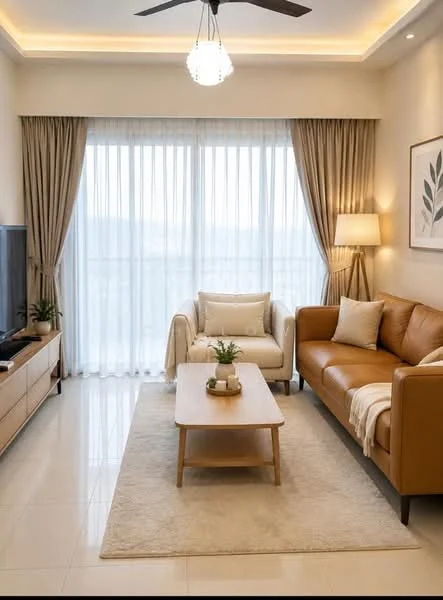 Living features: 3-seater leather sofa in brown, 2-seater fabric sofa in white, wooden coffee table, area rug, TV console, wall-mounted TV, floor-to-ceiling windows, sheer curtains, recessed downlights, ceiling fan with light, decorative plant, framed artwork; style: modern; view: city.