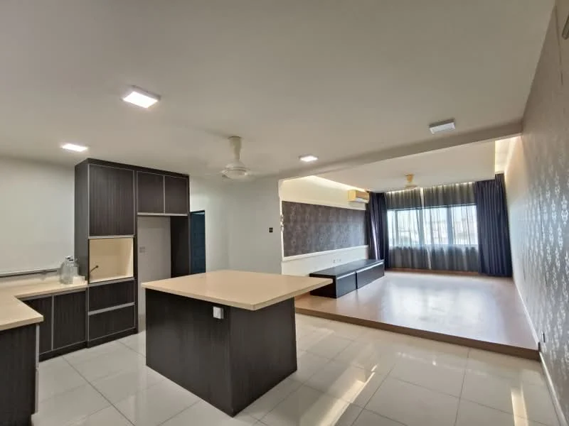 Kitchen features: island countertop, dark wood cabinetry, white tiled backsplash, stainless-steel sink, built-in appliances, recessed downlights, ceramic tile flooring; style: modern. Living features: large windows with curtains, wooden flooring, ceiling fan, wall-mounted air conditioning unit, feature wall with wallpaper, recessed downlights, open layout, built-in TV console; style: modern.