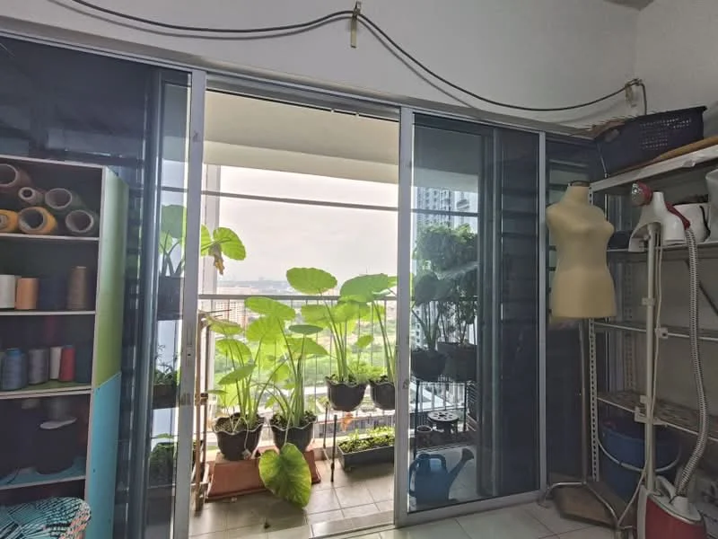 Room features: sliding glass door, floor-to-ceiling windows, potted plants on balcony, shelving unit, mannequin, storage containers, tile flooring, curtains, utility area; view: city.