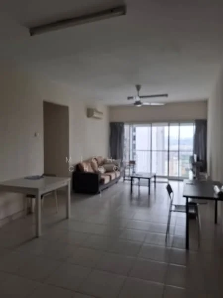 Living features: cream painted walls, tile flooring, 5-blade ceiling fan with light, floor-to-ceiling windows, grey curtains, 3-seater fabric sofa in beige, 2 dining tables with chairs, TV console, wall-mounted TV; style: modern; view: city.