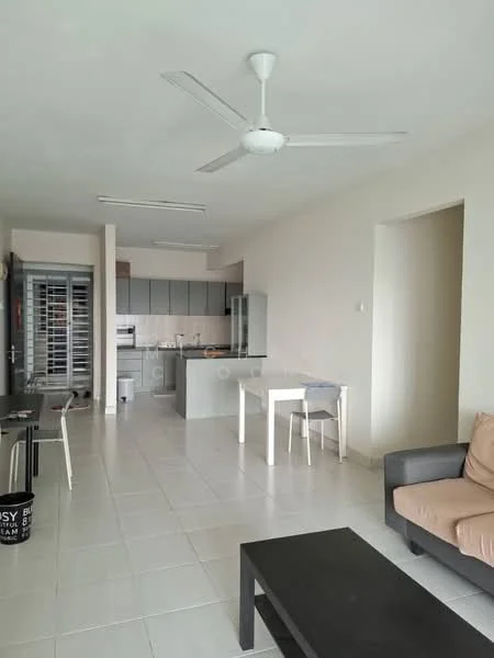 Living features: 5-blade ceiling fan with light, grey fabric sofa, black coffee table, white dining table, 4 dining chairs, tile flooring, white painted walls, recessed ceiling lights, open layout, large windows, kitchen area visible in background; style: modern.