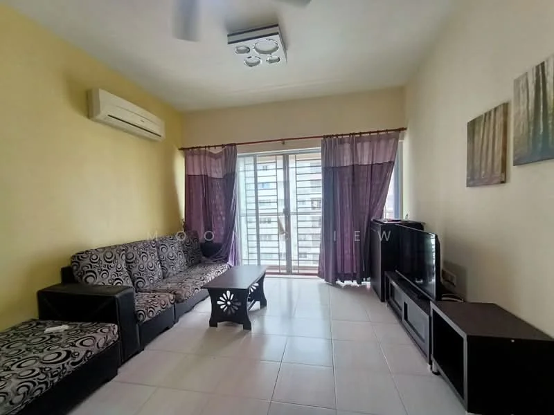 Living features: 3-seater fabric sofa in black and white pattern, ceiling fan with integrated light, wall-mounted air conditioning unit, floor-to-ceiling windows, sliding glass door, purple sheer curtains, dark wood coffee table, TV console, wall-mounted TV, light-colored painted walls, white tiled flooring; style: modern; view: city.