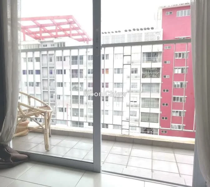 Room features: sliding glass door, floor-to-ceiling windows, ceramic tile flooring, balcony with railing, city view, curtains, rattan chair; view: city.