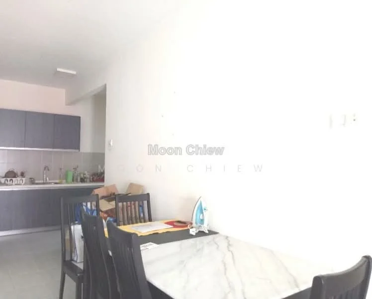 Dining features: marble dining table, 4 black dining chairs, white walls, grey cabinetry, kitchen area visible, ceramic tile flooring, kitchen sink, kitchen countertop, appliances on countertop, light fixture on ceiling; style: modern.
