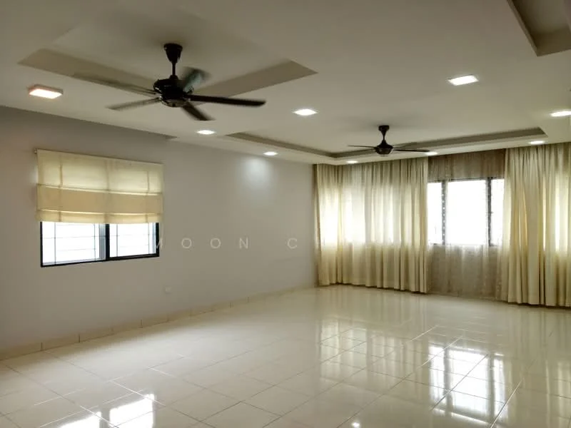 Living features: white painted walls, polished ceramic tile flooring, tray ceiling with recessed lighting, 2 ceiling fans, floor-to-ceiling windows, sheer curtains, curtains in beige, neutral color scheme; style: modern.