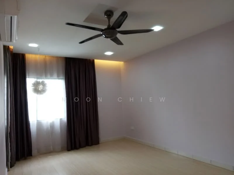 Room features: light wood flooring, purple painted walls, ceiling fan with 5 blades, recessed LED downlights, floor-to-ceiling window, sheer curtains, dark brown curtains, wall-mounted air conditioning unit; style: modern.