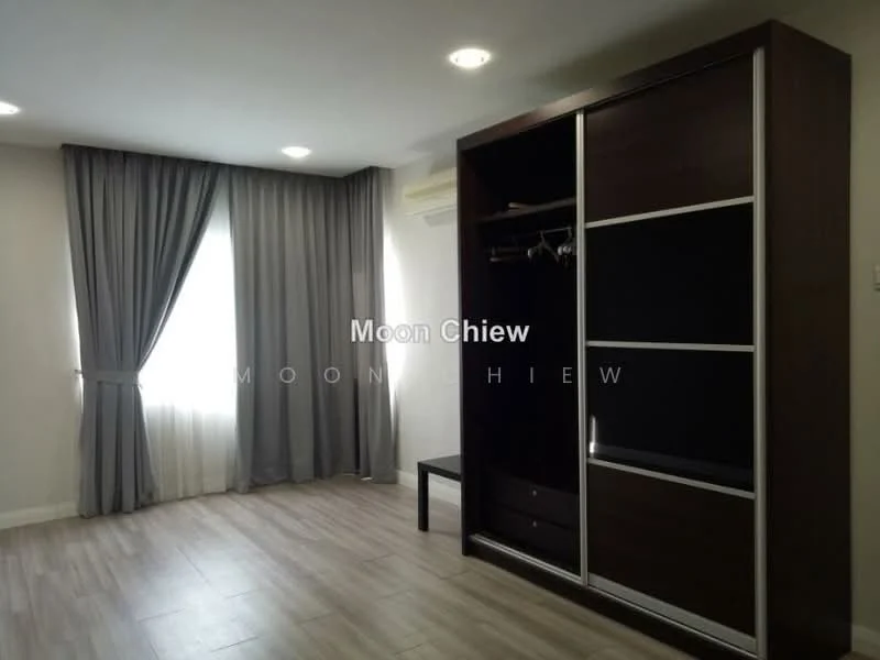 Room features: grey curtains, floor-to-ceiling window, light wood flooring, built-in wardrobe with sliding doors, wall-mounted air conditioning unit, recessed ceiling lights, neutral wall color, small bench or stool; style: modern.