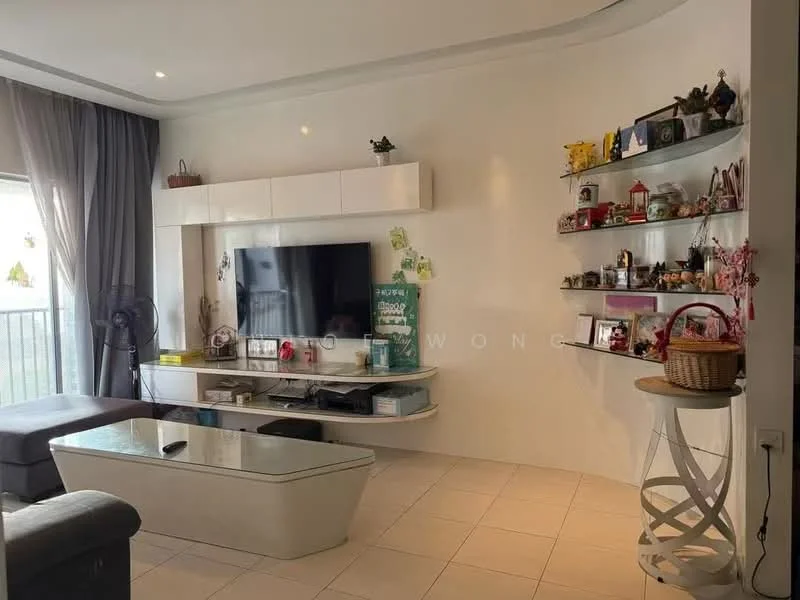 Living features: grey fabric sofa, glass coffee table, wall-mounted TV, white TV console, floating shelves with decorative items, curtains, tile flooring, ceiling with recessed lighting, fan, decorative wall art; style: modern.