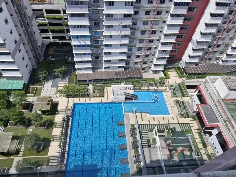 Exterior type: high-rise condominium; features: infinity pool, lap pool, pool deck with loungers, landscaped garden, children's playground, jogging track, outdoor gym, BBQ pit, manicured lawn, multiple levels of greenery, modern architecture, surrounded by mature trees; style: modern.