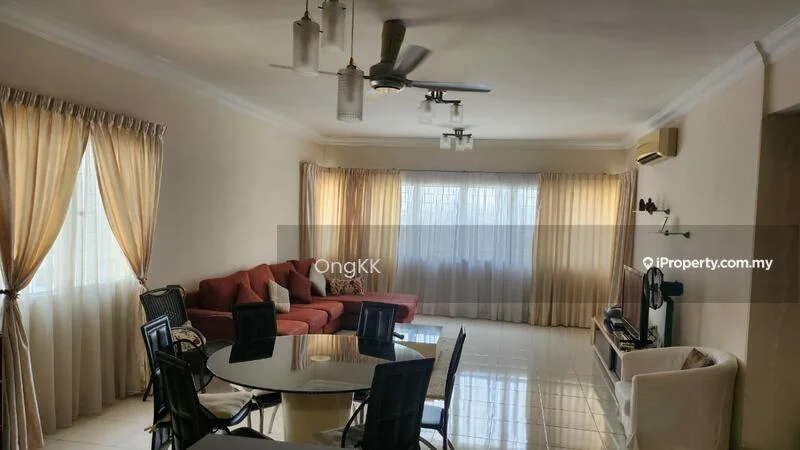 Living features: 3-seater fabric sofa in red, glass coffee table, 6-seater round dining table, black dining chairs, floor-to-ceiling windows with sheer curtains, white painted walls, polished tile flooring, ceiling fan with light, wall-mounted TV, entertainment unit, air conditioning unit; style: modern.