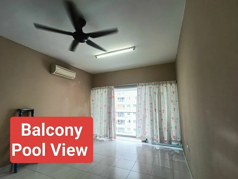 Room features: cream painted walls, white tiled flooring, 5-blade ceiling fan, wall-mounted split AC, floor-to-ceiling sliding glass door, sheer curtains with floral pattern, LED ceiling lights; view: pool.