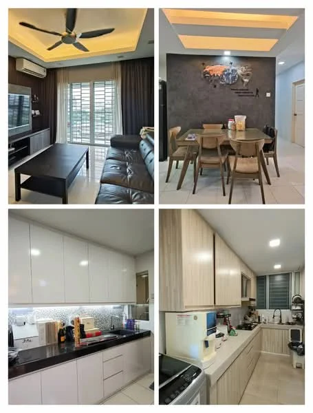 Living features: 5-blade ceiling fan with integrated LED light, wall-mounted TV, black coffee table, 3-seater leather sofa in dark brown, floor-to-ceiling windows with sheer curtains, recessed ceiling lights, cream painted walls, tile flooring; style: modern; view: city. Dining features: 6-seater dining table, wooden dining chairs, decorative wall with artwork, tile flooring, recessed ceiling lights; style: modern. Kitchen features: white cabinetry, black countertop, stainless-steel sink, built-in oven, gas stove, microwave, tile backsplash, tile flooring; style: modern.