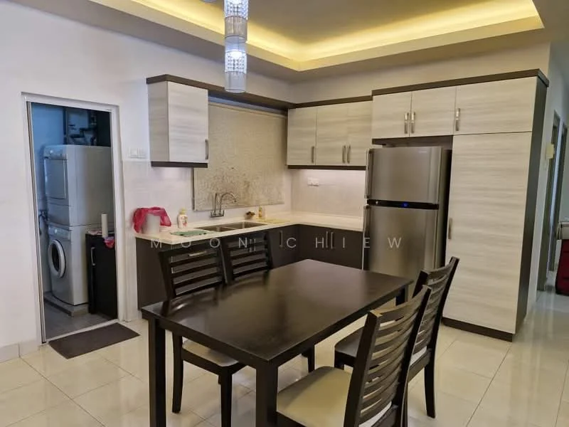 Kitchen features: white and grey cabinetry, stainless-steel fridge, built-in oven, double-bowl stainless-steel sink, chrome pull-down faucet, ceramic tile flooring, recessed downlights, dining table with four chairs, washing machine visible in utility area, tile backsplash, countertop with textured surface; style: modern. Utility features: washing machine, grey painted walls, door leading to kitchen.