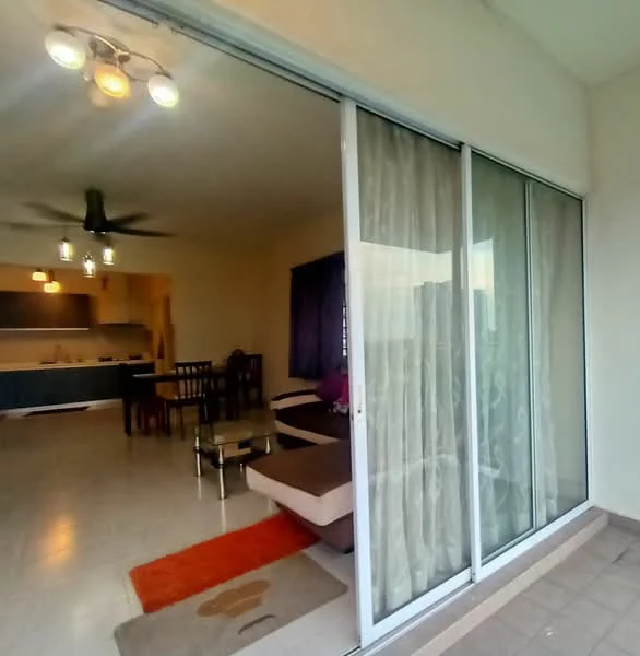 Living features: floor-to-ceiling sliding glass door, 5-blade ceiling fan with light, sofa in beige, coffee table, area rug with geometric pattern, dining table with chairs, kitchen visible in background, light-colored walls, tile flooring; style: modern; view: city. Room features: curtains, wall-mounted lighting.