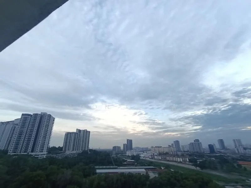 Exterior type: high-rise condominium; features: city skyline view, surrounded by greenery, multiple high-rise buildings, open sky, urban landscape, road visible in foreground; style: modern.